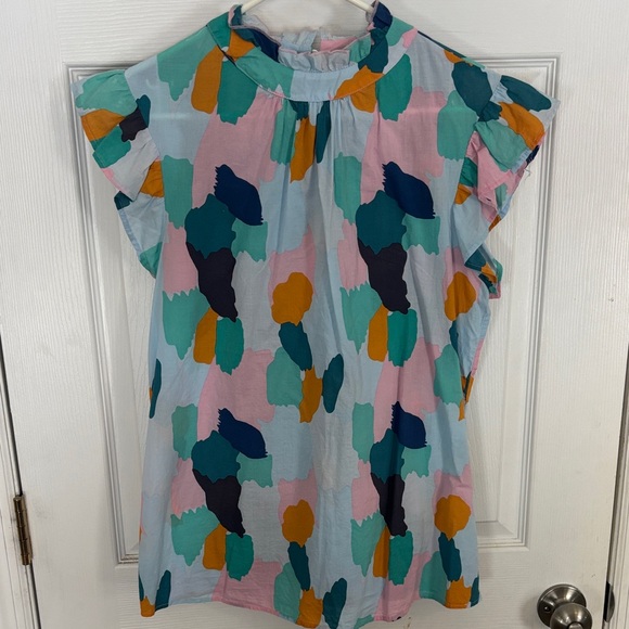 Multicolor Abstract Ruffle Sleeve Top size Large - Picture 2 of 9
